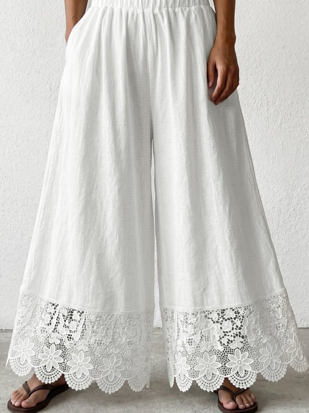 White Boho Casual Patchwork Women's lace trim Flowy Trousers